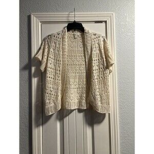 World Unity Cardigan Womens Medium Cream Crochet Short Sleeve Cropped Cover-up
